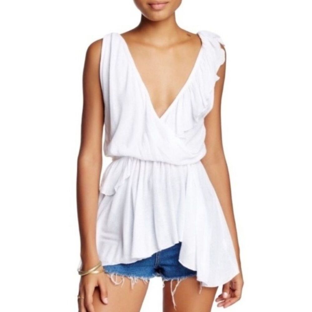 FREE PEOPLE Float Away Asymmetrical Ruffle Sleeveless Top size S Deep V-Neck